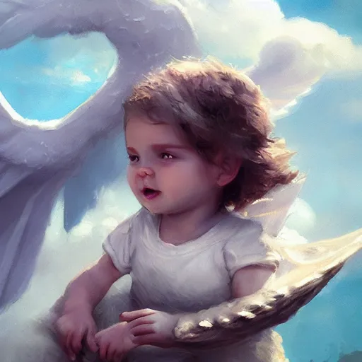 Image similar to a whimsical portrait of a little baby angel on a cute white dragon floating in the sky by Greg Rutkowski, ultra realistic, photorealistic 8k, cinematic lighting, HD, high detail, atmospheric, trending on artstation