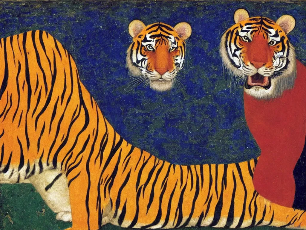 Prompt: portrait of a tiger. lapis lazuli, malachite, cinnabar, gold. painting by piero della francesca, balthus, agnes pelton