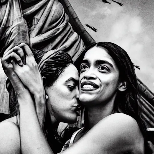 Prompt: lady liberty making out with alexandria ocasio - cortez at a bar, digital art, 8 k