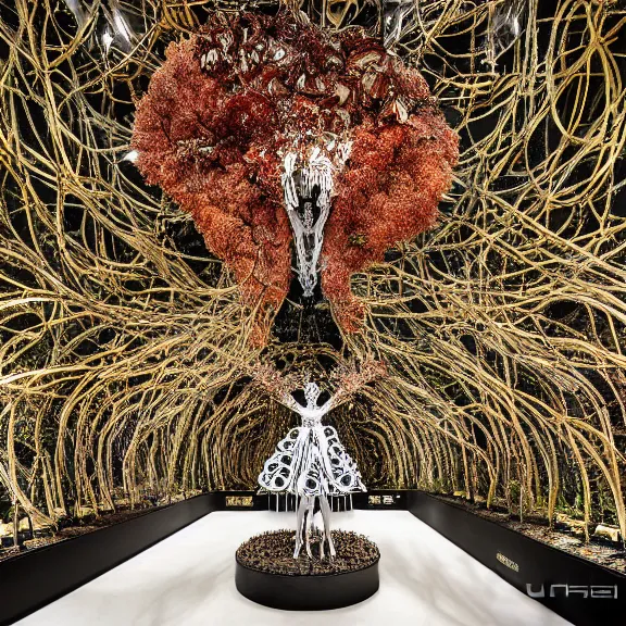 Prompt: symmetric frame from Prometheus, biomechanical gaia, by guo pei and alexander mcqueen metal couture editorial, in mycelium macro mushroom hanging garden by giger by utagawa kuniyoshi by Yuko Shimizu