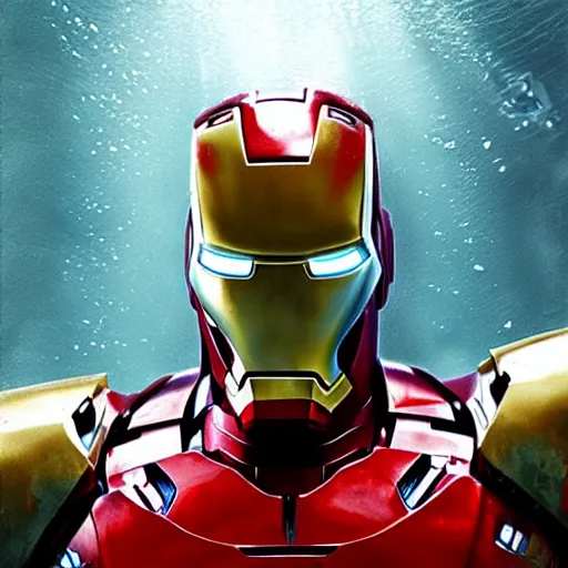 Image similar to photorealistic shockingly amazing portrait of Iron man submerged in water extremely detailed, made by wlop and maxwell boas