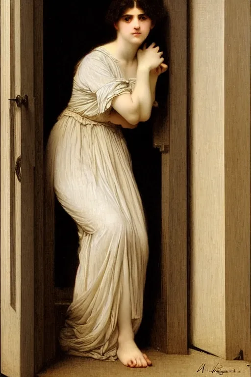 Image similar to girl under moonlight by auguste toulmouche and bouguereau, dark lighting, perfectly detailed eyes, beautiful hands, pale skin, leaning on door, dreamy mood painting