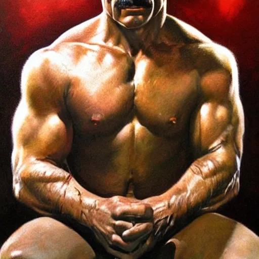 Image similar to ultra realistic portrait painting of tom selleck as the rock, art by frank frazetta, 4 k, ultra realistic, highly detailed, epic lighting