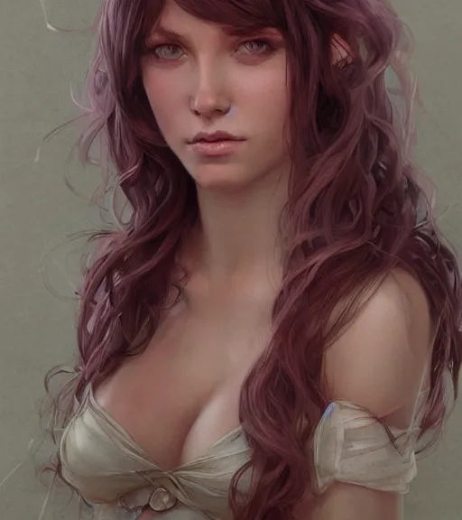 Image similar to full portrait of a young, attractive woman, soft hair, muscular, half body, cloth, pink hair, d & d, fantasy, intricate, elegant, highly detailed, digital painting, artstation, concept art, smooth, sharp focus, illustration, art by artgerm and greg rutkowski and alphonse mucha