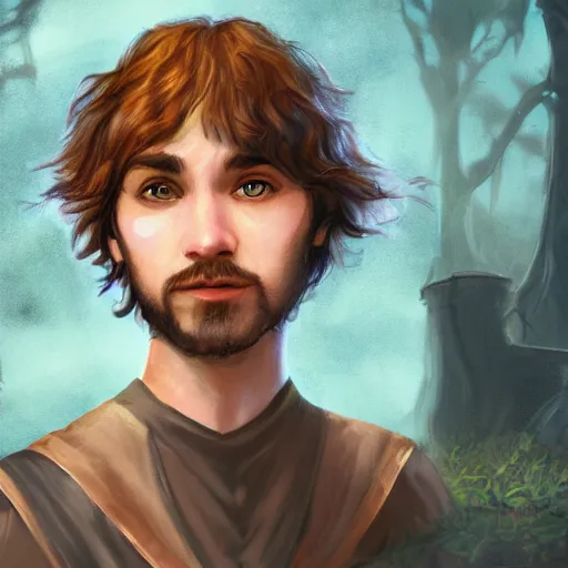 Image similar to a young, well-to-do wizard whose fine attire is damaged from crawling through filth. portrait, shaggy haircut, 8k resolution, full-length portrait, digital painting, fantasy illustration, D&D character art