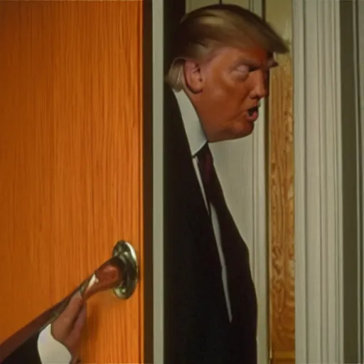 Prompt: Donald Trump wielding an axe breaking through the door in that scene in The Shining