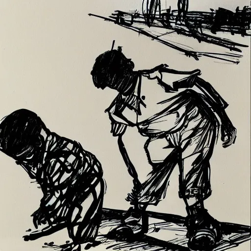 Prompt: award winning william kentridge drawing of a south african boy dashing home across a childrens story illustration urban township landscape, to save his little brother, who is accidentally playing with parafin