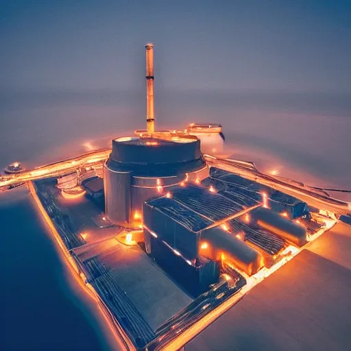 Image similar to photo of an upsidedown nuclear power plant at night birds eye view inception cinematic