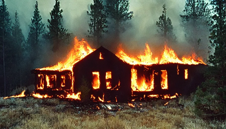 Image similar to 1 9 7 0 s movie still of a burning house on a mountain with pine forest, cinestill 8 0 0 t 3 5 mm, high quality, heavy grain, high detail, texture, dramatic light, ultra wide lens, panoramic anamorphic, hyperrealistic