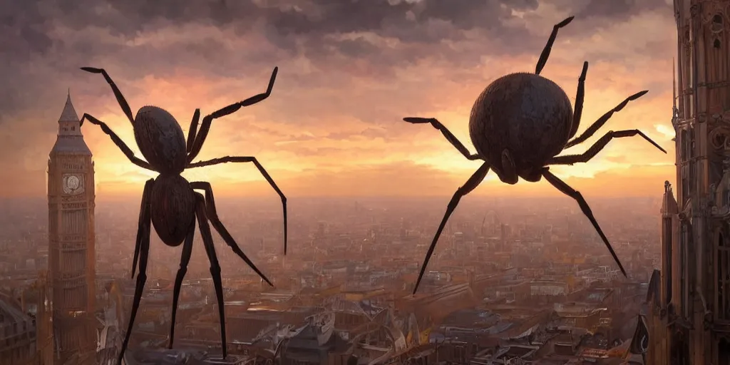 Prompt: giant spider, london is a pure wasteland, sunset in background, muted colours, alphonse mucha, greg rutkowski, trending on artstation, artgerm, breathtaking, sharp focus, smooth, mark arian, award winning, highly detailed 4 k art