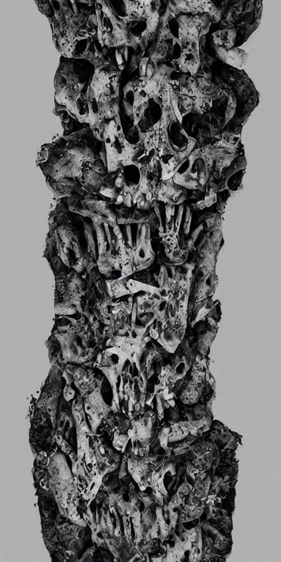 Prompt: totem pole made of skin blood skulls, psycho stupid fuck it insane, looks like death but cant seem to confirm, various refine techniques, micro macro autofocus, to hell with you, later confirm hyperrealism, set back dead colors, devianart craze