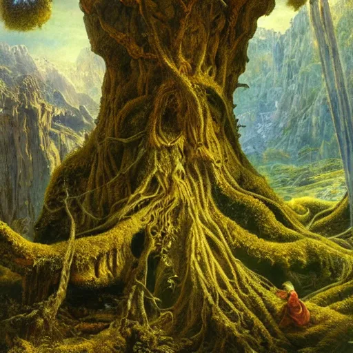 Image similar to a beautiful and highly detailed oil painting of a secret valley deep in the mountains, ancient trees, wooden structures, intricate details, epic scale, insanely complex, 8 k, sharp focus, hyper realism, fantasy landscape, psychedelic, by caspar friedrich and brian froud,