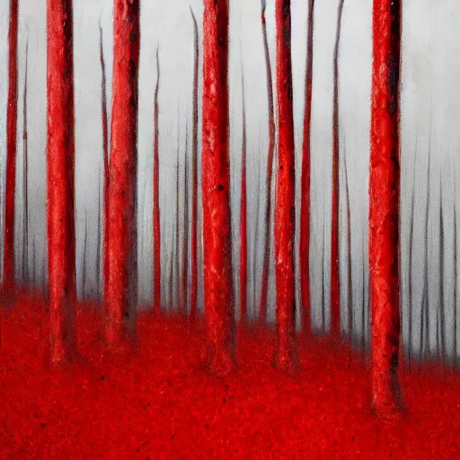 Prompt: blood - red melting trees, liminal, creepy, hyperrealism