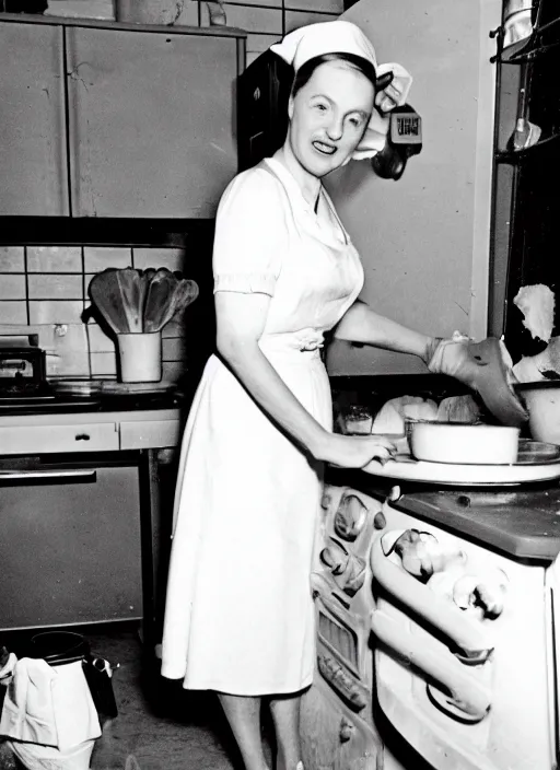 Prompt: a 35mm photograph of Hitler as a 1950's housewife, baking a cake, in a messy kitchen Canon 50mm, film, Kodachrome