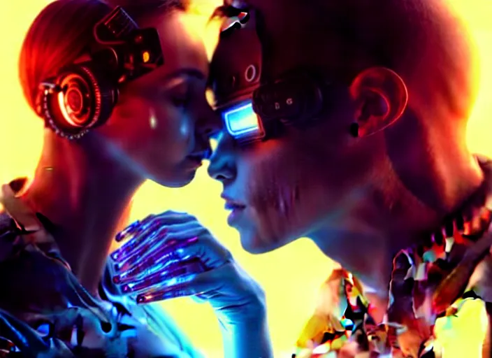 Image similar to ultra realistic photograpic medium shot of a couple of cyborgs kissing, lovers, cyberpunk, sci - fi, fantasy, kodak potra 4 0 0, colour led, soft light, volumetric lighting, night, intricate, highly detailed, digital painting, concept art, smooth, sharp focus, illustration, art by artgerm and greg rutkowski and alphonse mucha