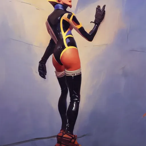 Image similar to greg manchess painting of tracer wearing a latex suit, medium shot, organic painting, sunny day, matte painting, bold shapes, hard edges, street art, trending on artstation, by huang guangjian and gil elvgren and sachin teng