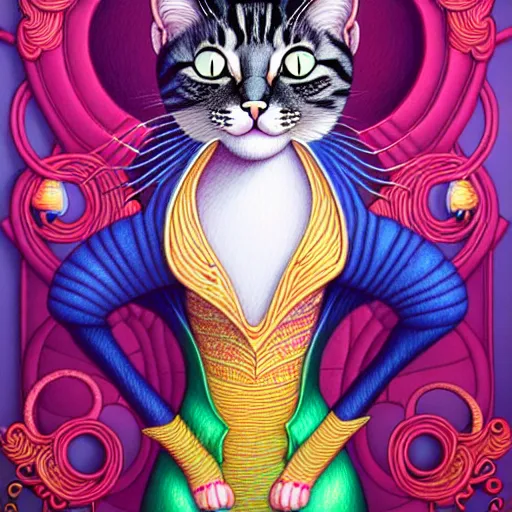 Image similar to happy cat by Martine Johana and Casey Weldon and Chie Yoshii, rich colors, intricate, elegant, highly detailed, centered, digital painting, artstation, concept art, smooth, sharp focus, illustration