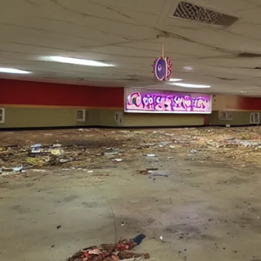 Prompt: an abandoned chuck e. cheese ’ s an night