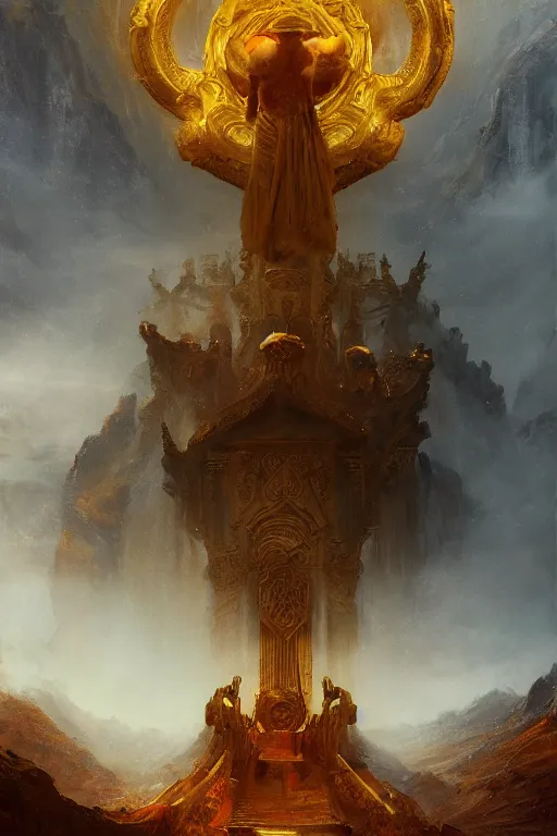 Prompt: a beautiful 3 d gigantic golden hell's gate osborne robert mandel artstation unreal 8 k ， greco - roman art, intricate complexity, gilded swirls, occult propaganda, in the thick fog artwork by jeremy lipkin and giuseppe dangelico pino