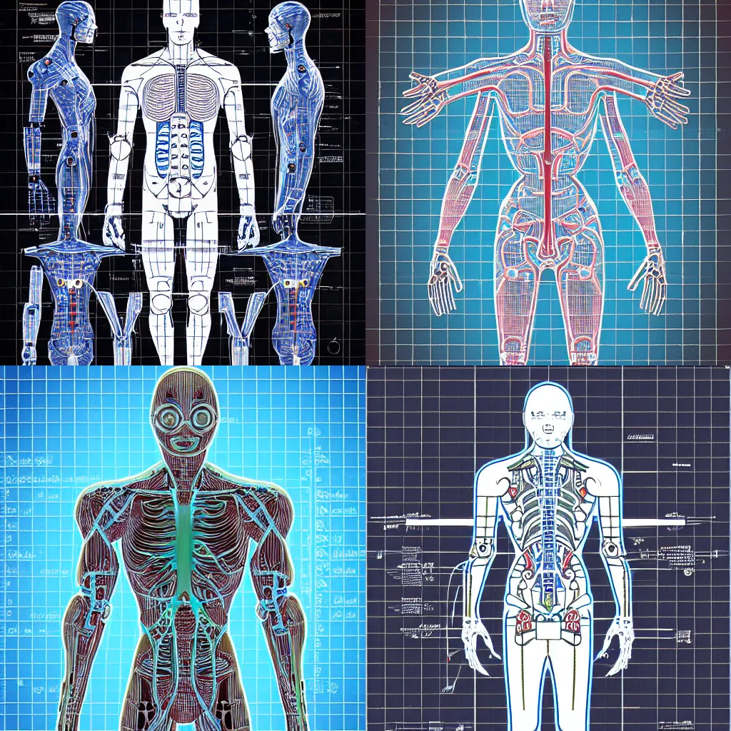 Prompt: cybernetic man medical illustration and blueprint