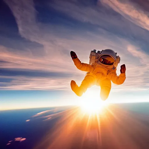 Prompt: an astronaut falling from the sky during sunset, golden hour