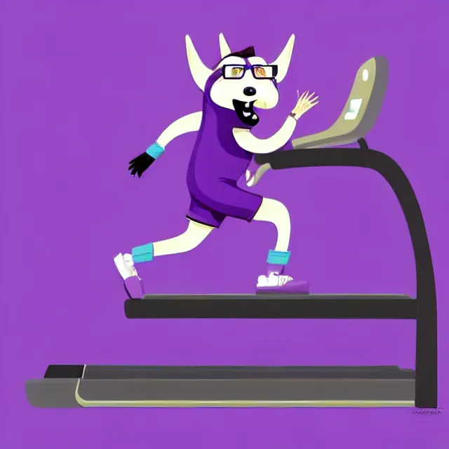 Prompt: epic professional digital cartoon flat vector art of a smiling cartoon anteater with glasses and a purple sweatband, wearing a purple sweatsuit, exercising on a treadmill in a gym, best on artstation, cgsociety, wlop, Behance, pixiv, cosmic, epic, stunning, gorgeous, much detail, much wow