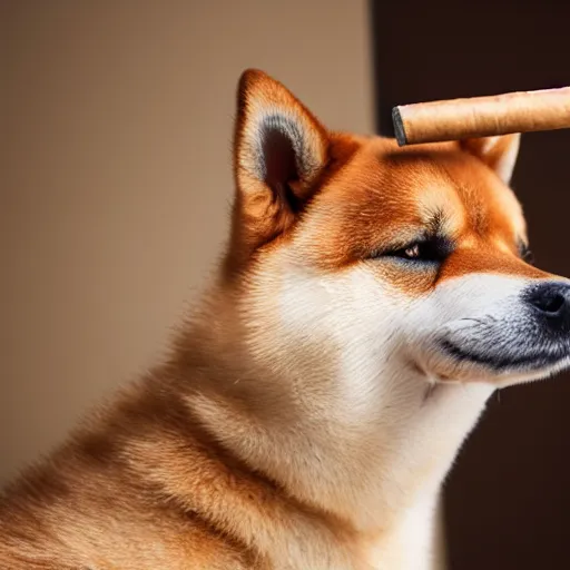 Prompt: studio photo of a shiba inu smoking a cuban cigar