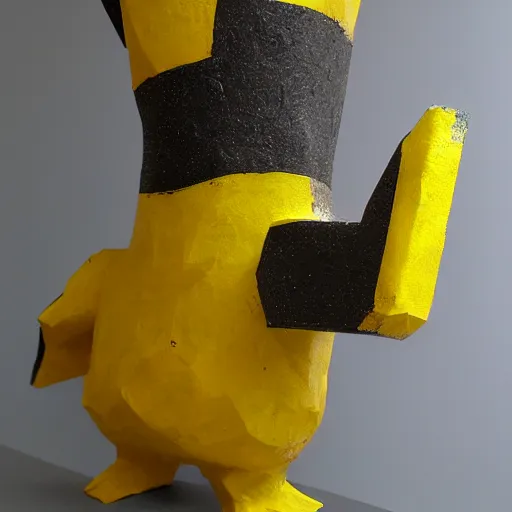 Prompt: abstract, sculpture Pikachu made of various materials from rainforest of face of artificial intellicgence
