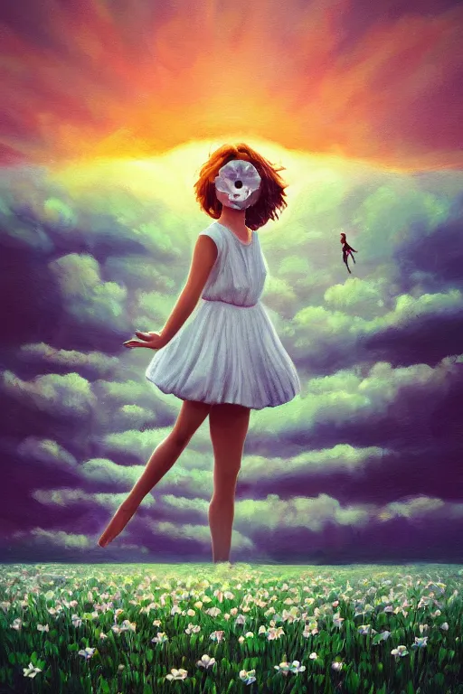 Image similar to giant white daisy flower as face, girl dancing in a flower field, surreal photography, sunrise, dramatic light, impressionist painting, colorful clouds, digital painting, artstation, simon stalenhag