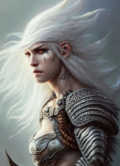 Image similar to barbarian, plated armor!!! long wild white hair!! fantasy, d & d, intricate ornate details, digital painting, beautiful eyes!, pretty face!!, symmetry, concept art, sharp focus, illustration, art by artgerm! greg rutkowski magali villeneuve wlop! ilya kuvshinov!!, octane render