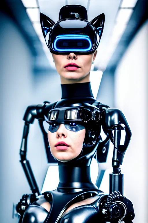 Image similar to cybernetic ultra high tech female robot with cat ears, neo - rococo, sci - fi, cyberpunk, high tech, futurism, exoskeleton, symmetry, cinematic, elegant, luxury, perfect light, perfect composition, dlsr photography, sharp focus, 8 k, ultra hd, sense of awe, highly detailed, realistic, intricate, science journal cover