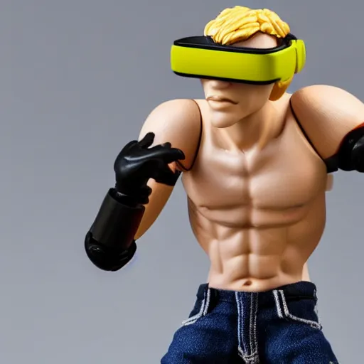 Prompt: action figure of a skinny blonde male wrestler wearing a vr headset and wearing a t - shirt and jeans, high detail, realistic,