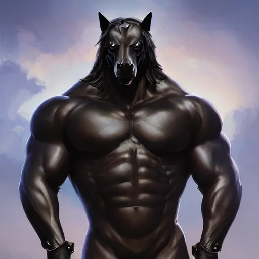 Image similar to a musclebound black - coated male anthro horse in a tactical bodysuit, exaggeratedly large physique, highly detailed, digital painting, artstation, sharp focus, smooth, concept art, illustration, art by artgerm, greg rutkowski, wlop