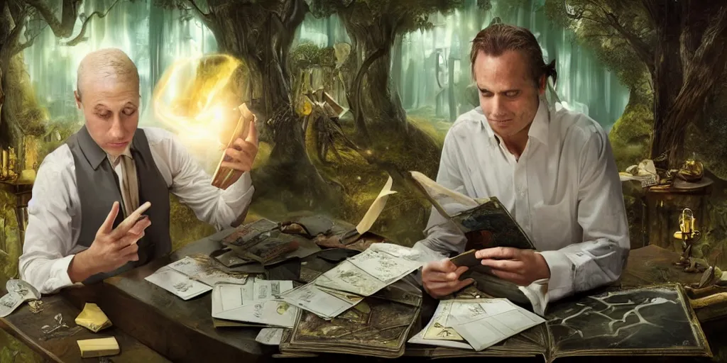 Image similar to male accountant examining the mysteries of tarot magic, cards flying everywhere, magic everywhere, matte painting, high quality