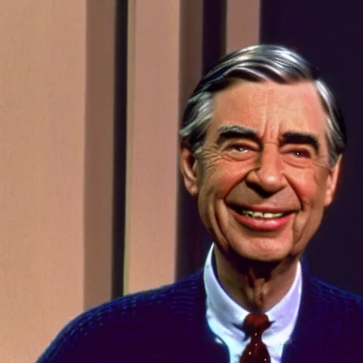 Prompt: Mister Rogers weeping in the corner of a 1960s television studio, vhs capture, screenshot