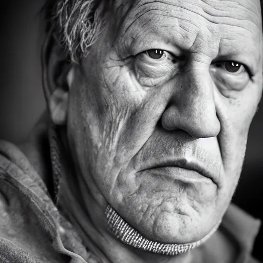 Prompt: werner herzog sits in the waiting area of the dmv. ultra wide shot, photography award, documentary, very detailed face, 4 k