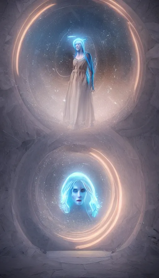 Prompt: goddess of illusion, beautiful, stunning, breathtaking, mirrors, glass, magic circle, magic doorway, fantasy, mist, bioluminescence, hyper - realistic, unreal engine, by cgsociety