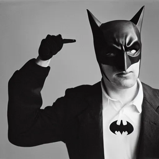 Image similar to portrait of a fake drunk Batman by Diane Arbus, 50mm, black and white