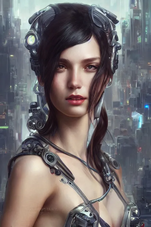 Image similar to Ultra realistic illustration, beautiful alluring female cyborg, cyberpunk, sci-fi, fantasy,smile, intricate, elegant, highly detailed, digital painting, artstation, concept art, smooth, sharp focus, illustration, art by Yintion J - Jiang Geping and artgerm and greg rutkowski and alphonse mucha.