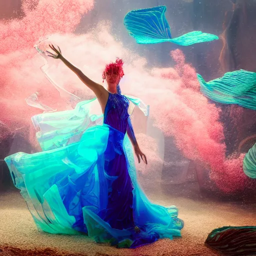 Prompt: woman dancing underwater wearing a flowing dress made of many translucent layers of blue, magenta, and yellow lace seaweed, delicate coral sea bottom, swirling silver fish, swirling smoke shapes, silver and gold, unreal engine, caustics lighting from above, cinematic, hyperdetailed