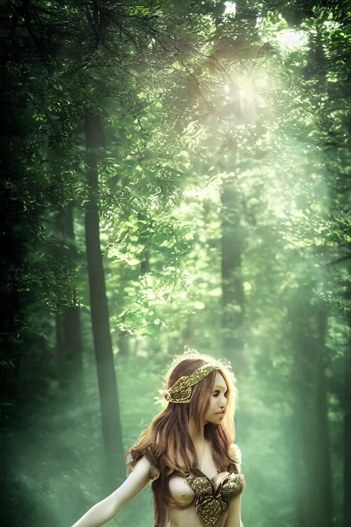 Prompt: beatiful elf princess in a secret forest, 3 / 4 chest view, hair jewellery, fully clothed, light mist, light rays sieving through the trees, shallow depth of field, by yuumei