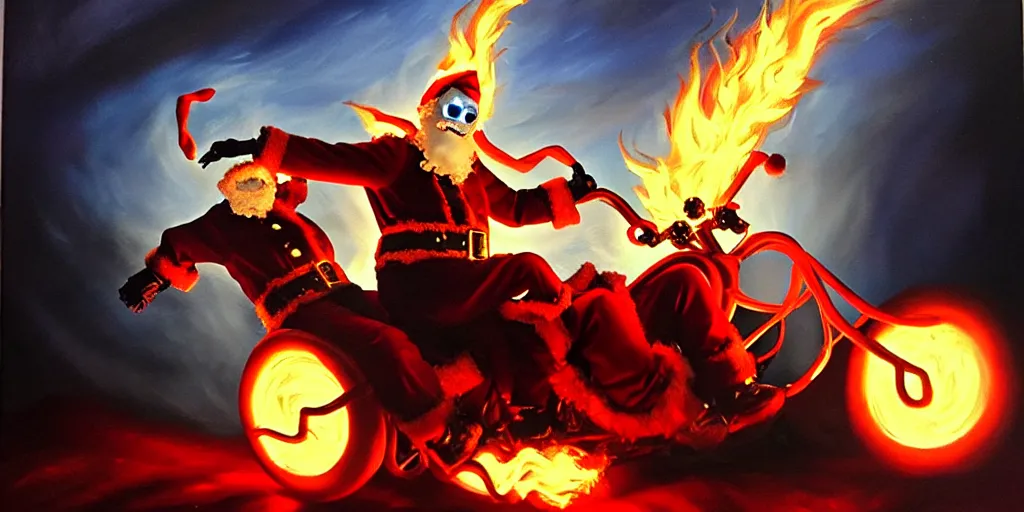 Prompt: ghost rider santa claus have time traveled to warn you from something, dramatic lighting, oil painting