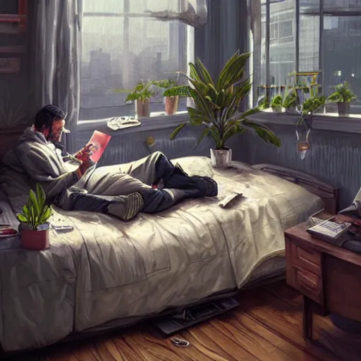 Prompt: a man lying on his bed wearing a jacket with a computer and coffee on the table on a cold rainy day, room full of plants, gloomy weather, highly detailed, artstation, concept art, smooth.sharp focus, digital art, art by jon foster and james jean and artgerm and yuumei