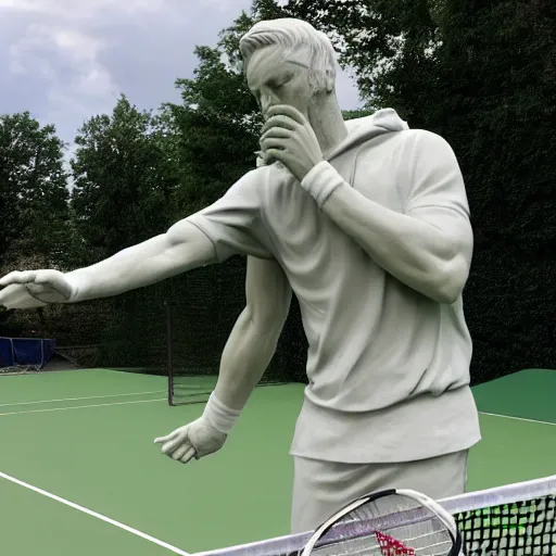 Image similar to a statue of a sad novak dijokovic on the tennis court