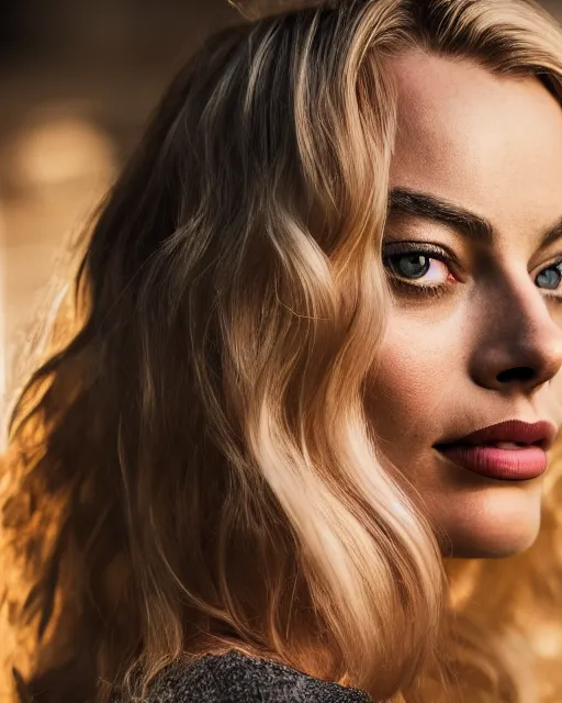 Image similar to Beautiful Head and shoulders portrait of confident flirty margot robbie with straight long blonde hair, by Zoë Mozert , alberto Vargas, arney freytag, artstation, 35mm, fashion photoshoot, posing in an urban street, golden hour, bokeh, rim lighting, fashion pose, octane, 4k