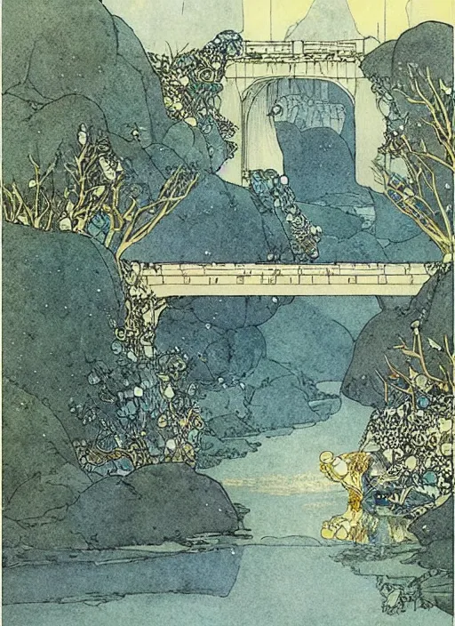 Prompt: an crystal bridge crosses a river flowing with stars, highly detailed, aesthetics, by edmund dulac