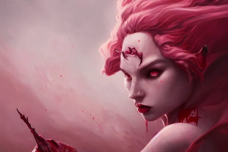 Image similar to an insanely detailed close up portrait of a succubus, black sclera, blood red pupils, pink skin, in the style of peter mohrbacher, artgerm, dramatic lighting and composition, pink fog background, octane render, trending on artstation, concept art 8 k