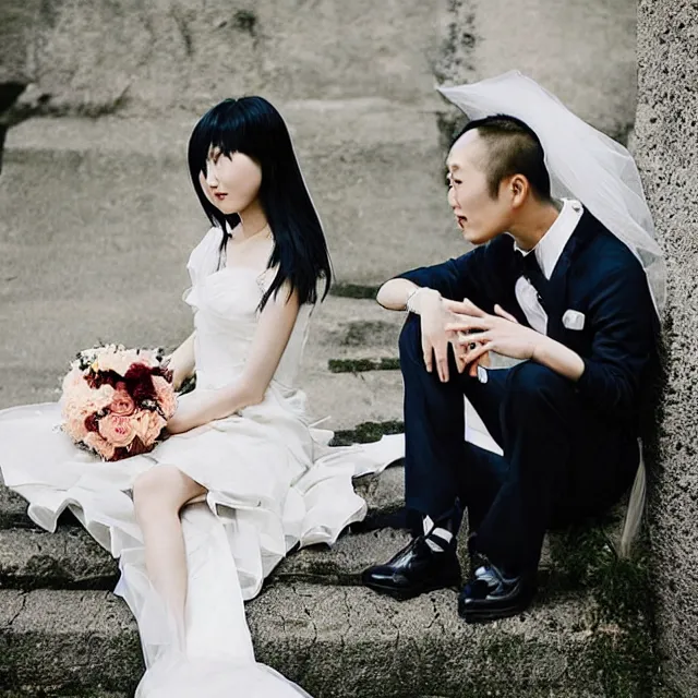 Prompt: saitama instagram couple's wedding photo shoot, closeup photo