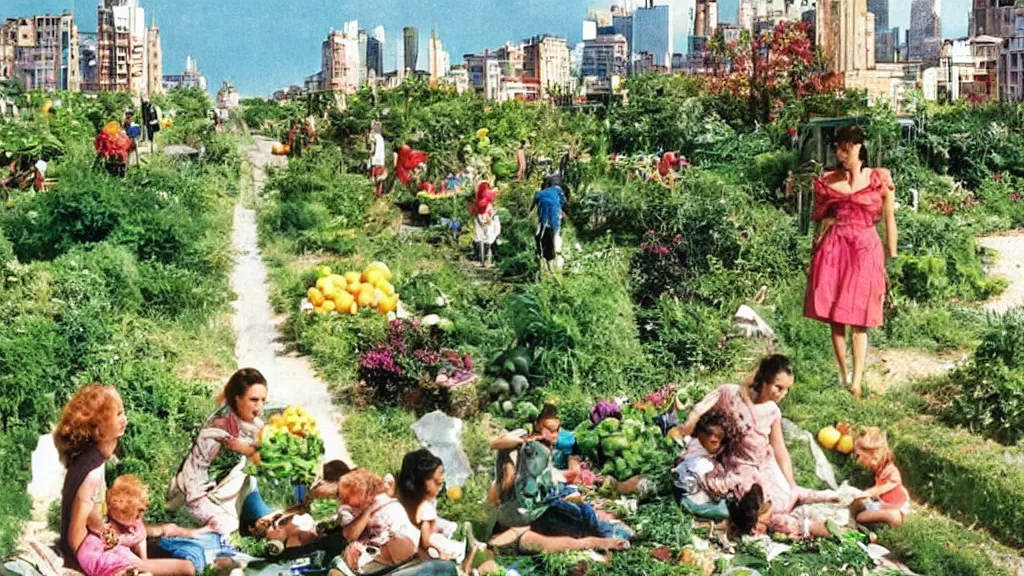 Prompt: A futuristic city: old roads are transformed into gardens growing fruits and vegetables, a family composed of two young women and a child has a picnic, from the famous Eric Rohmer movie