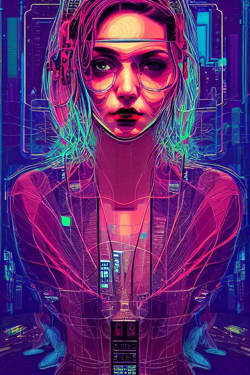 Image similar to dreamy cyberpunk girl, abstract mirrors, digital nodes, beautiful woman, detailed acrylic, grunge, intricate complexity, by dan mumford and by konstantinas ciurlionis